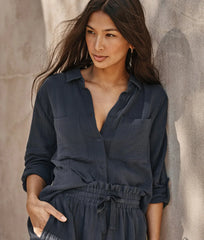 The Going Places Gauze Button-Down Camp Shirt - Midnight**