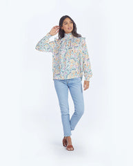 The Silky Mock Neck Blouse - Wildflower Fields in Sunshine & Coral