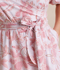 The Coastal Poplin Puff-Sleeve Wrap Midi Dress - Batik Floral in Faded Rose & White Sand