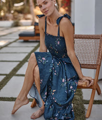 The Silky Luxe Smocked Maxi Dress - Celestial Floral in Deep Sea