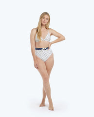 The Lace-Up High Leg High Rise Bikini Bottom - Square Dot in White Sand & Deep Sea